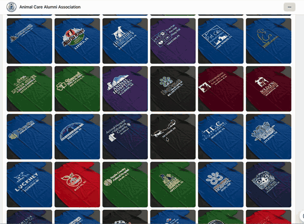Scrolling through the Facebook page behind the operation: hundreds of templated t-shirt mockups, each generated for a different small institution