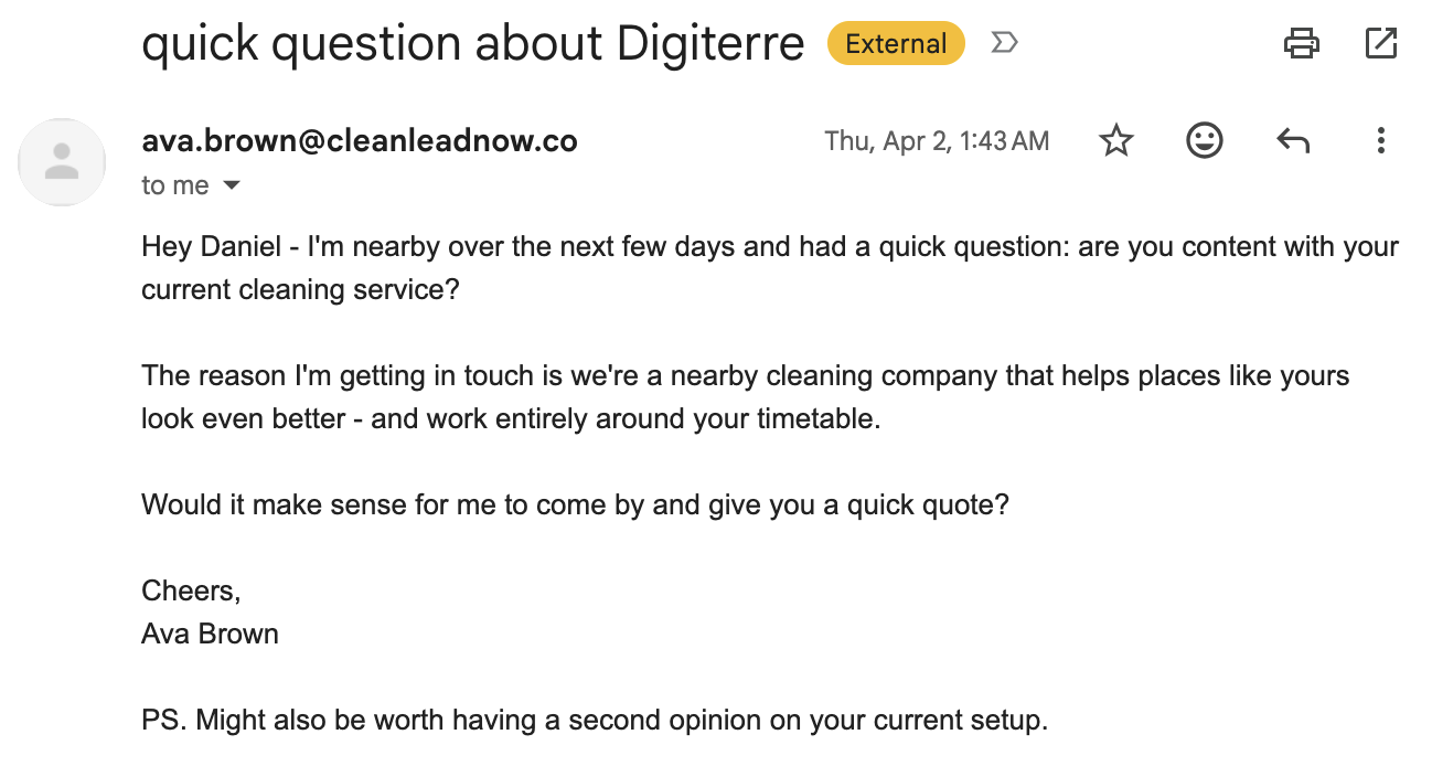 Cleaning-services cold email from 'Ava Brown' addressed to me about a former London employer