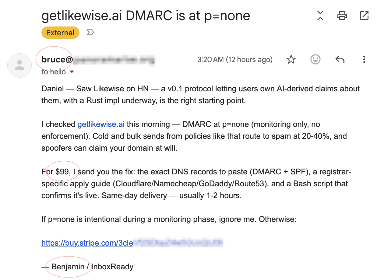 Cold-outreach email from 'Bruce' signed 'Benjamin' offering a $99 DMARC fix for getlikewise.ai