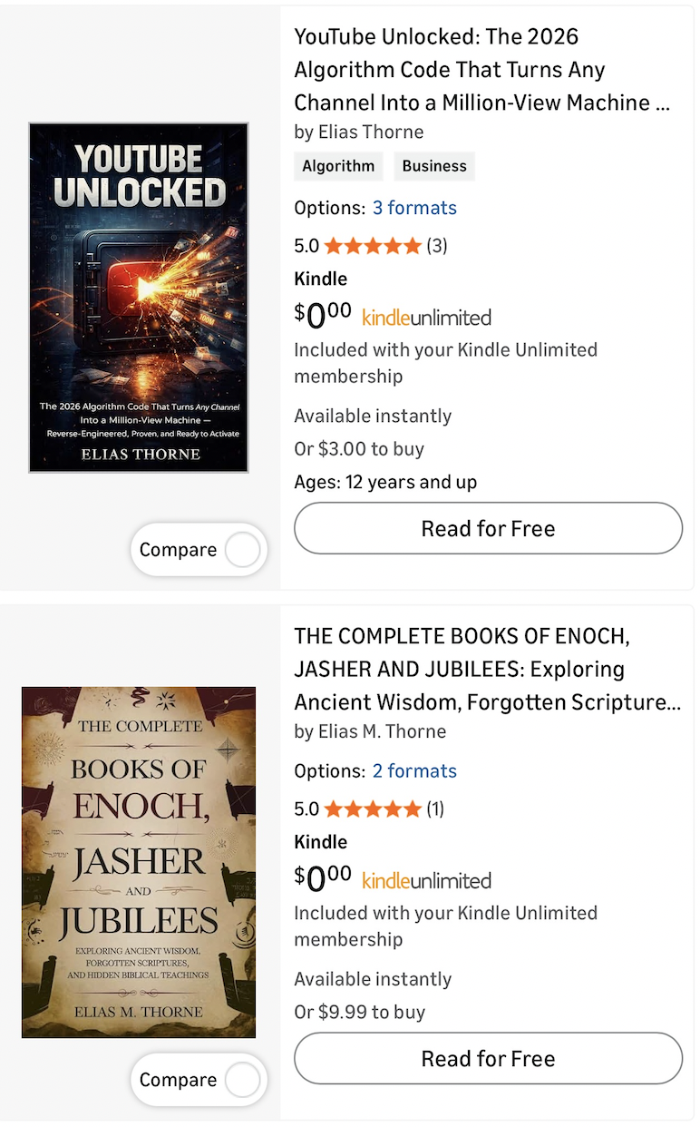 Two Amazon Kindle listings stacked, both by 'Elias Thorne': a YouTube-algorithm guide and a commentary on the Books of Enoch, Jasher and Jubilees