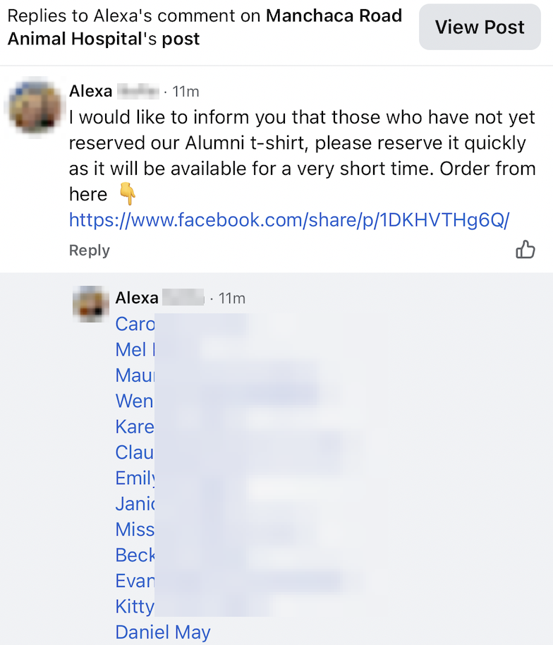 Replies to Alexa Sufia's templated comment impersonating the clinic, followed by her mass-tag reply listing names of clinic followers