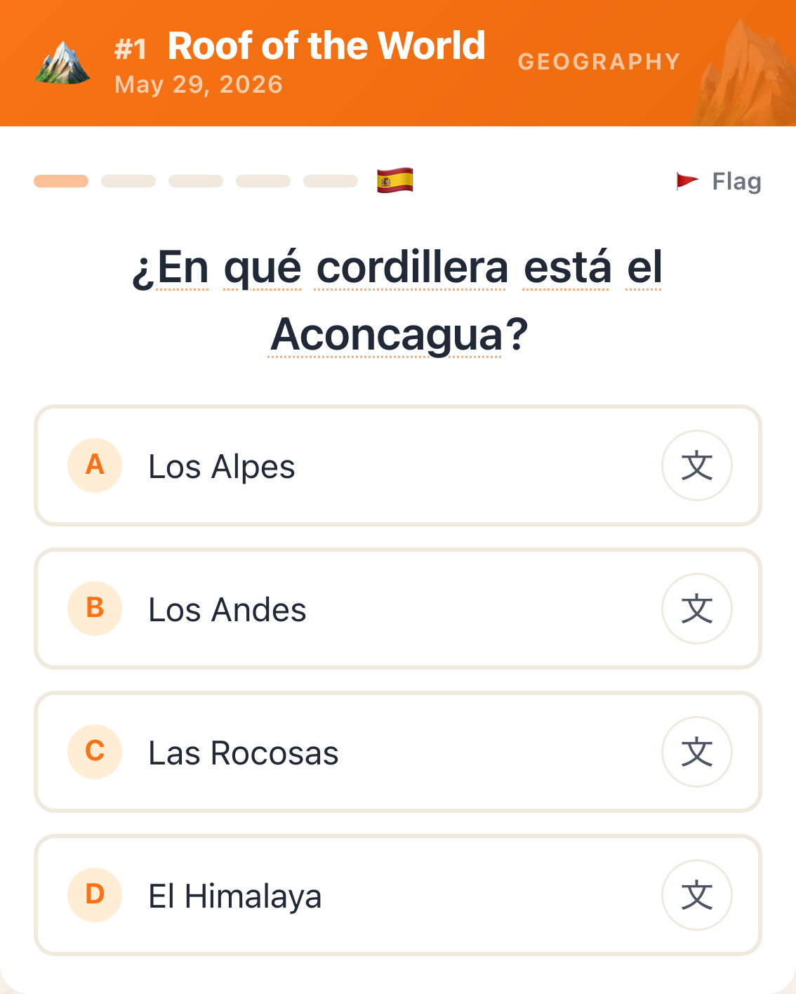 Question one of a Foreign Five puzzle, themed 'Roof of the World', asking in Spanish which mountain range Aconcagua is in. Each answer has a small translate button.