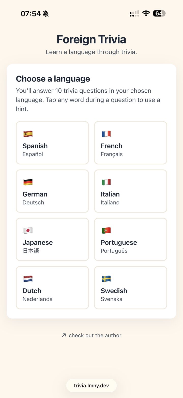 Foreign Trivia mobile language picker: Spanish, French, German, Italian, Japanese, Portuguese, Dutch, Swedish
