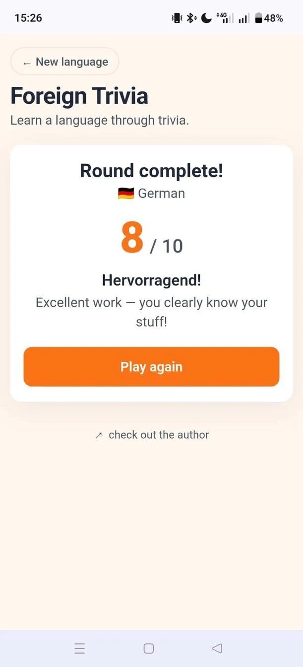 Foreign Trivia round-complete screen in German: 8 out of 10, 'Hervorragend! Excellent work, you clearly know your stuff'