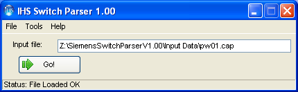 Main parser window: Input file textbox, "Go!" button, status bar showing "Status: File Loaded OK"