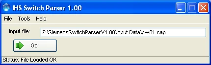 Main parser window: Input file textbox, "Go!" button, status bar showing "Status: File Loaded OK"