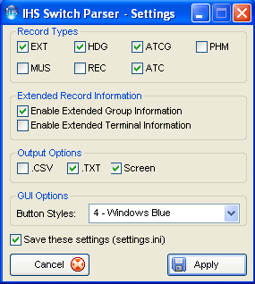 Settings dialog: record-type toggles, output options, and the Button Styles dropdown