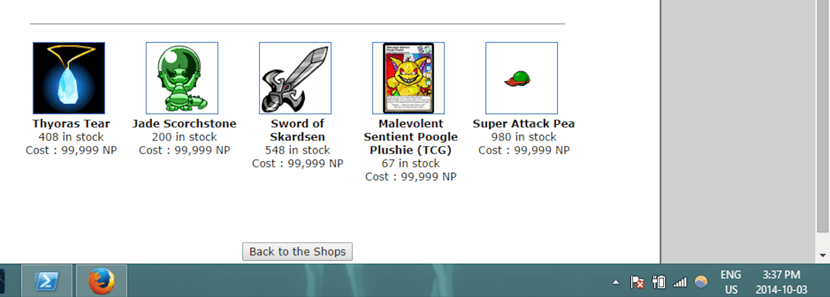 A user shop stocked with a thousand duplicated Super Attack Peas, each priced at the maximum